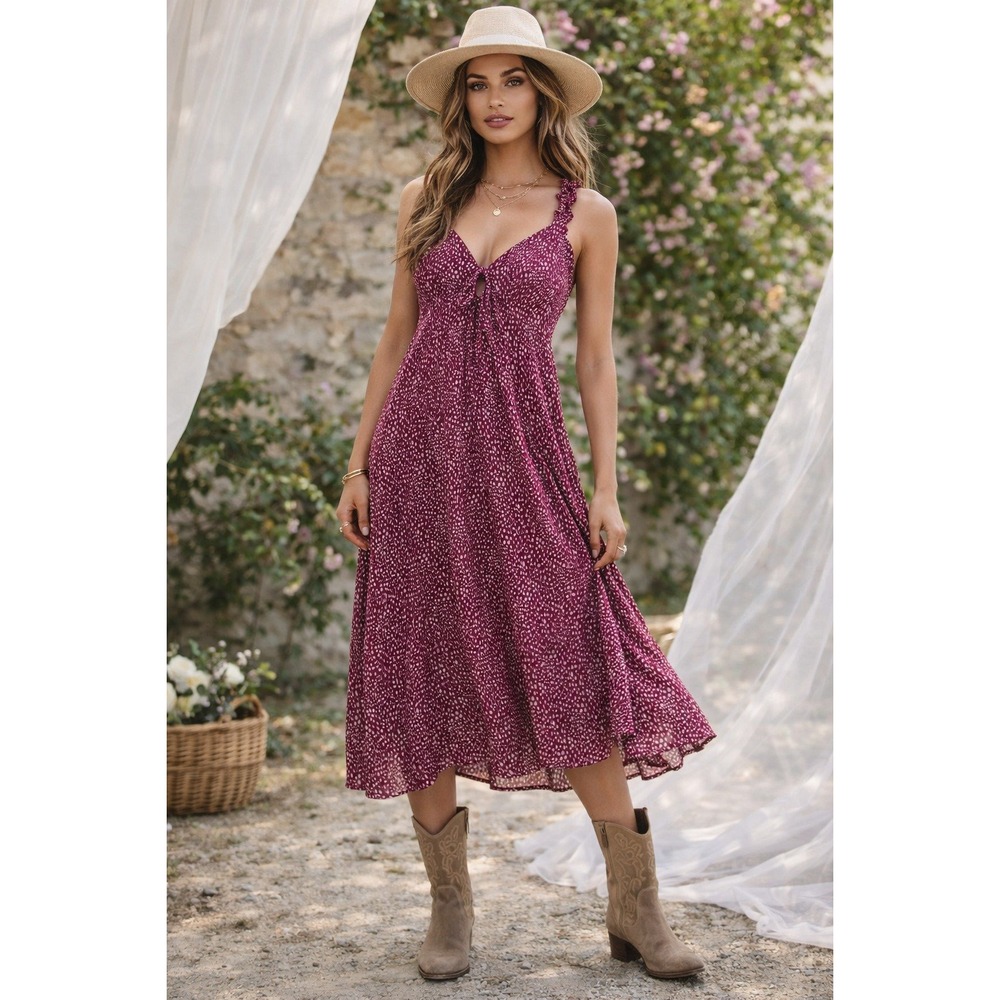 Sienna Sky Dress Womens L Burgundy Boho Cottagecore Romantic Dainty Polkadot